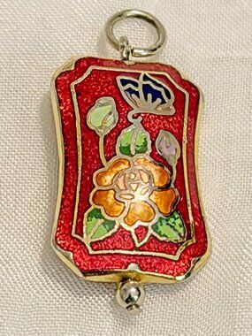 Vintage Small Red Cloisonné Enamel Butterfly & Rose Pendant Gold Tone